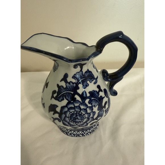 The Bombay Company Creamer Pitcher Cobalt Blue 6" Floral Vtg Ceramic Porcelain - Picture 1 of 5